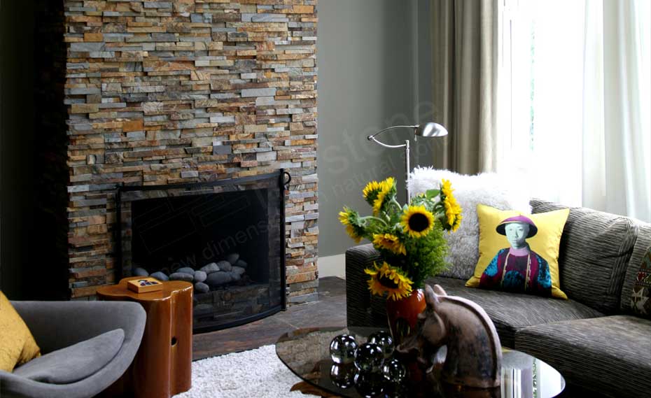 Natural Stacked Stone Veneer Fireplace