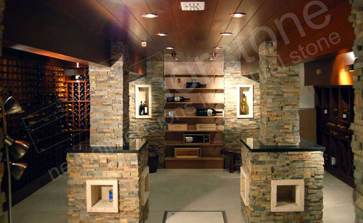 Interior Rock Wall Cladding used on columns in an underground Wine Cellar